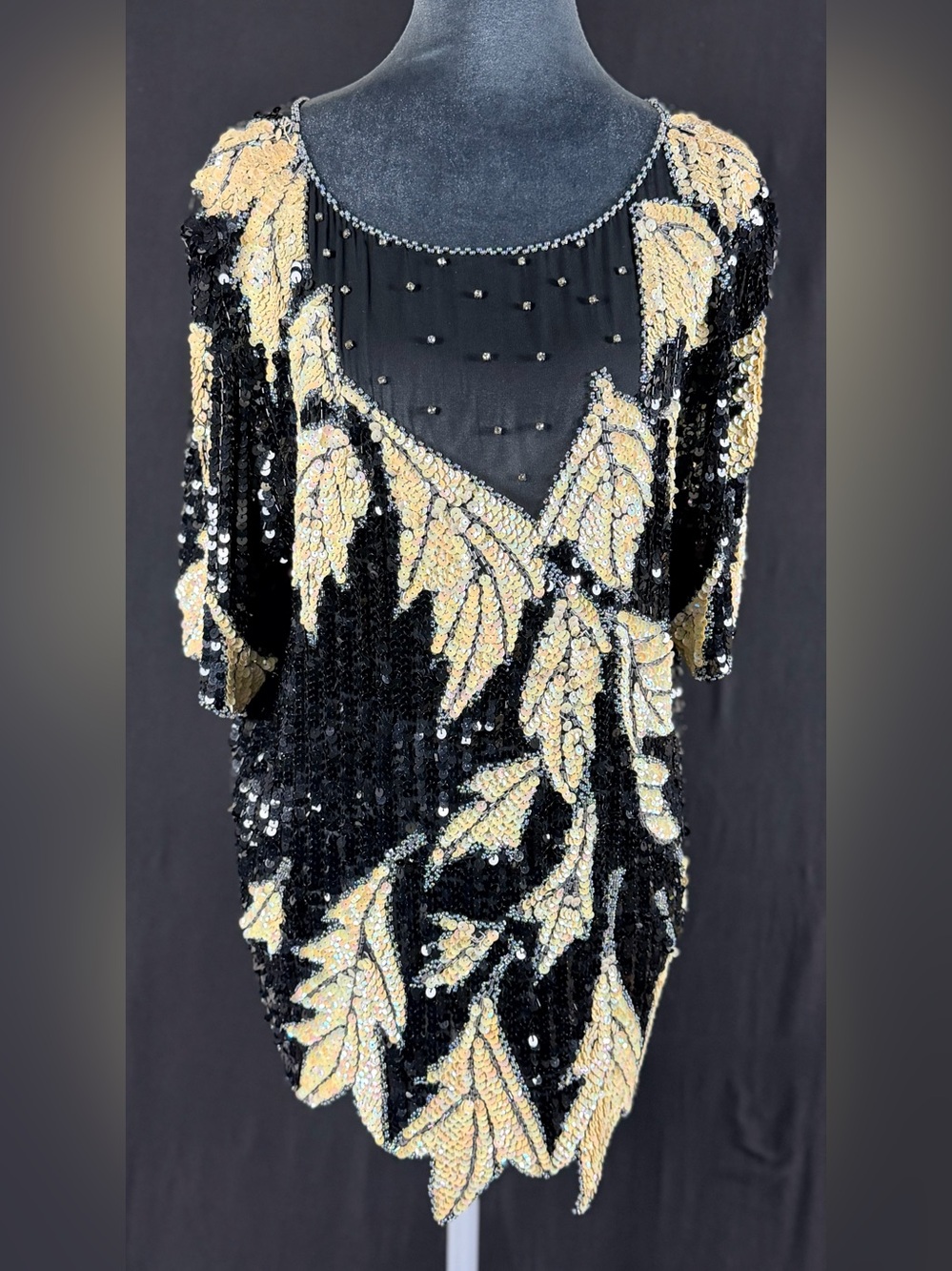Dominique Black Sequin Top Gold Leaf Motif Asymmetrical Crystals sheer bust